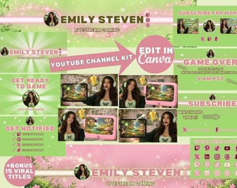 Zestaw do tworzenia marki Pastel Forest Fairy Gaming na YouTube | Edytowalne szablony Canva dla streamerów (do pobrania cyfrowego) | Dziewczęcy baner na YouTube