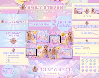 Zestaw marki Pastel Gaming YouTube | Edytowalne szablony Canva dla streamerów (do pobrania cyfrowego)