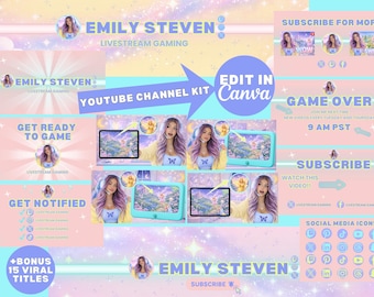 Pastelowy, marzycielski zestaw do tworzenia marek na YouTube dla graczy | Edytowalne szablony Canva dla streamerów (do pobrania w wersji cyfrowej) | Dziewczęcy baner na YouTube