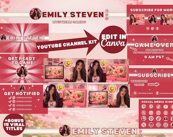 Zestaw marek Strawberry Gaming na YouTube | Edytowalne szablony Canva dla streamerów (do pobrania) | Media społecznościowe | Girly Gamer