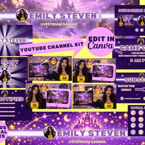 以下が含まれることがあります： 紫と黄色のテーマのデジタルYouTubeチャンネルキット。キットには、バナー、サムネイル、ソーシャルメディアアイコンが含まれています。テキストには「EMILY STEVEN LIVESTREAM GAMING」、「YOUTUBE CHANNEL KIT」、および「EDIT IN Canva」が含まれています。