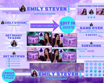 Zestaw brandingowy Purple Neon Gamer na YouTube | Edytowalne szablony Canva (do pobrania cyfrowego) dla kanału gamingowego | Wprowadzenie, zakończenie, ekran karty końcowej