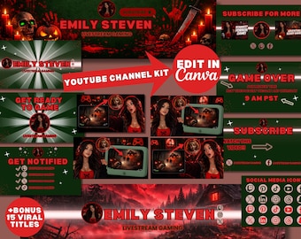 Zestaw do brandingu horrorów na YouTube | Edytowalne szablony Canva (do pobrania cyfrowego) | Miniatury | Gry o przetrwaniu w klimacie mrocznej fantazji