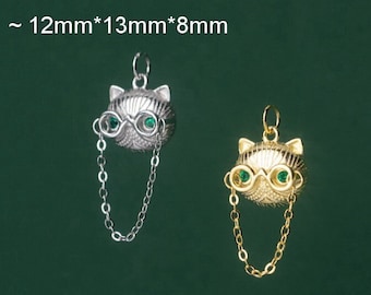 925 Sterling Silver Cat Pendant Glasses Cat Pendant Silver Cat Charm 18K Gold Cat Pendant