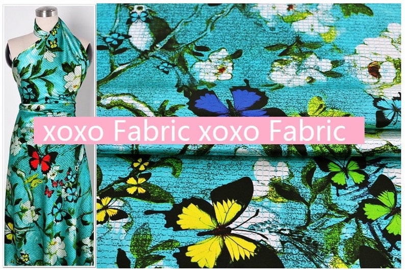 butterfly in sky blue fashion design silk fabric supplies Stretch Silk Satin Fabric