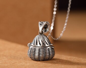 Sterling Silver Basket Box Pendant 925 Silver Ghau Box Pendant Hollowed Basket Pendant