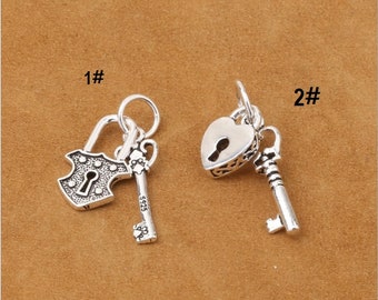 925 Sterling Silver Lock Charm Key Charm Antique Silver Lock Pendentif Clé Pendentif