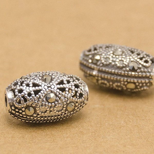 925 Sterling Silver Marcasite Oval Beads 15mm Antique Silver Ethnic Beads Marcasite Bead Jewelry Diy