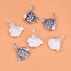 925 Sterling Silver Fish Charm Flower Fish 12mm Fish Charm Fish Pendant Dangle DIY Supplies