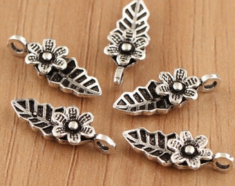 sterling silver flower charms, antique silver flower charms. sterling silver flower pendant, flower with leaf, silver leaf charms