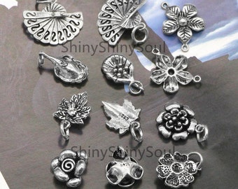 2pcs Sterling Silver Charm,Flower Charm,Leaf Charm,Silver Charms,Earring Charm,Clover Charm,Silver Pendant,Antique Pendant,Flower Pendant