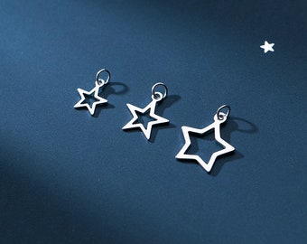 5/10 pcs Sterling Silver Star Charm, Hollow Star, Bright Silver Star Sendant, Flat Star Charm, Charm for Bracelet, Silver Star 6mm 9mm 11mm