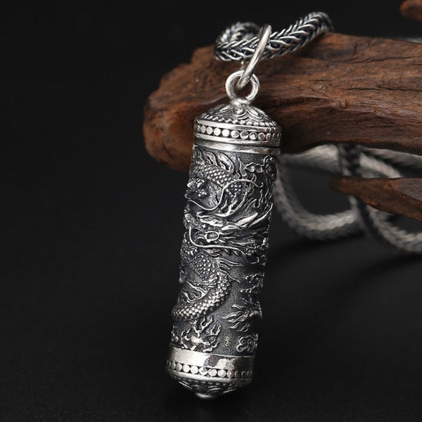 925 Sterling Sivler Cylinder Prayer Pendant Dragon Pendant Prayer Pendant Locket Silver Pendant