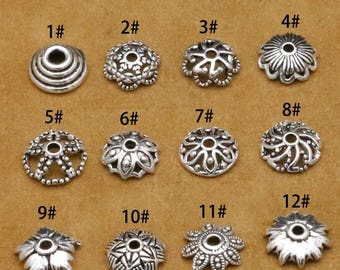 2pcs 925 Sterling Silver Bead Caps hollowed out Antique Silver  Flower Bead Cap