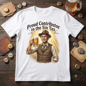 May include: A white t-shirt featuring a graphic of a person in a hat and vest holding a beer mug. Above the illustration, the text reads Proud Contributor to the Sin Tax. The design includes a golden light burst effect behind the person.