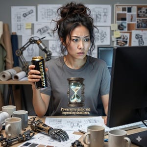 以下が含まれることがあります： 砂時計のグラフィックと「Powered by panic and impending deadlines.」というテキストがプリントされたグレーのTシャツ。黒と金の「OVERDRIVE」飲料缶を持った人物が、技術図面が置かれたデスクで作業している様子。