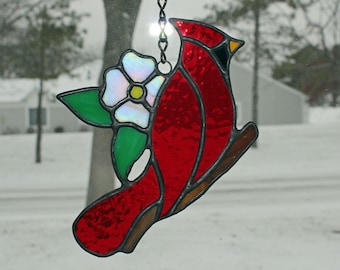 Stained Glass Cardinal on Brown Twig with White Flower