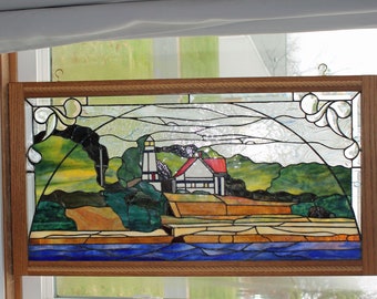 Lighthouse Cove - framed in oak with decorative trim - 36" wide x 19-1/2" high