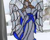 Stained Glass Angel - 11 in tall - Grace - White with Royal Blue Ribbon and Trim