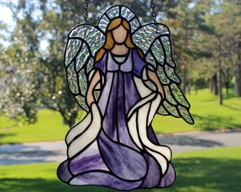 Made-to-order Stained Glass Angel - Gaiety - 11" tall.  You choose hair color, gown color and ribbon color.  Allow 2 weeks.