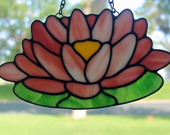 Stained Glass Suncatcher - 10" wide - Pink Lotus Flower