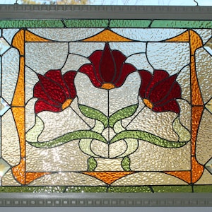 Tulip and Bevels Stained Glass Panel Framed