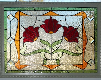 Tulip and Bevels Stained Glass Panel Framed