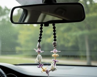 Colar de conchas hebraicas Aloha Bloom para carro • Enfeite de espelho retrovisor em forma de flor de pedra vulcânica e argila