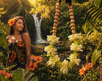 Earthy Bloom Pikake Pakalana Extra Long Car Lei • Rearview Mirror Decor