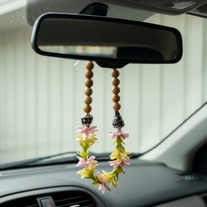 Pink Lemonade Bloom Hebrew Shell Car Lei • Clay Flower Rearview Mirror Charm