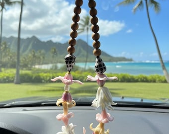 Aloha Bloom Hebrew Shell Car Lei • Clay Flower Rearview Mirror Charm