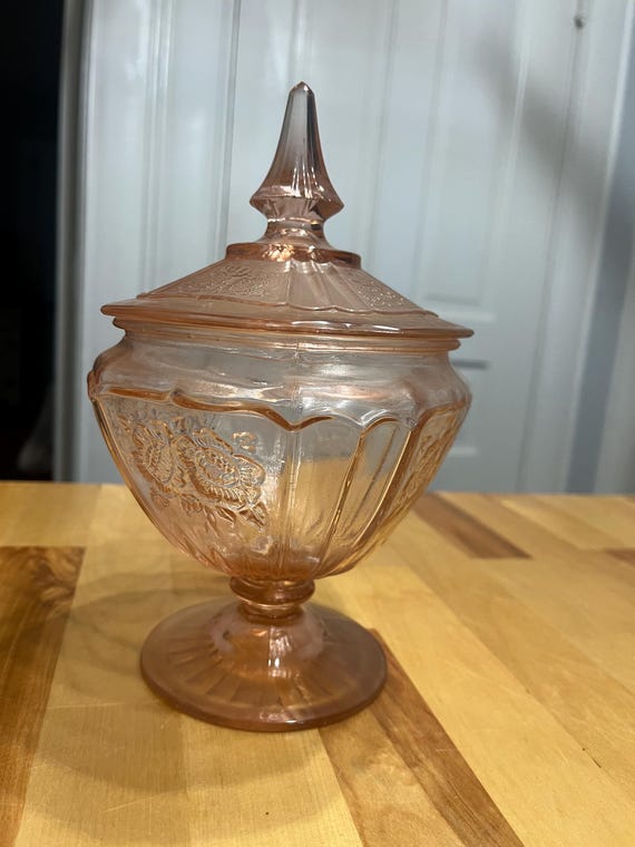 Vintage Hocking Glass Pink Depression Glass Covered Candy Jar | Footed Pink Compote | Cottagecore Decor |Mayfair/ Open Rose | 1930s Glass