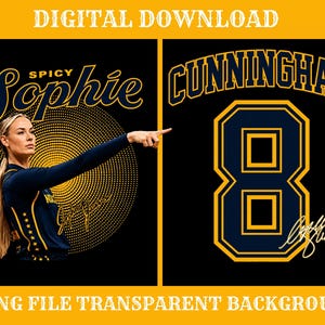 Puede incluir: Un diseño gráfico digital que muestra a una atleta con una camiseta azul oscuro con estrellas amarillas, señalando a la derecha, con el texto Spicy Sophie y una firma. Al lado, el nombre CUNNINGHAM sobre el número 8 en amarillo y azul con firma.