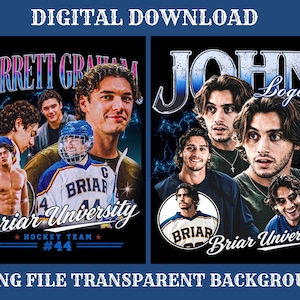 Può includere: Due file PNG scaricabili digitalmente con grafiche in stile collage di giocatori di hockey. Il design a sinistra mostra Garrett Graham con il testo Briar University Hockey Team #44. Il design a destra mostra John Logan con il testo Briar University.