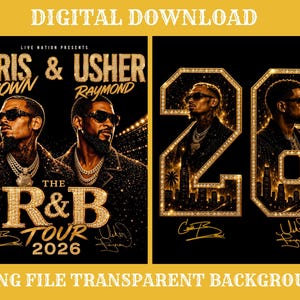 May include: Digital download featuring two graphic designs. The first shows Chris Brown and Usher Raymond with the text "Live Nation Presents," "The R&B Tour 2026," and signatures. The second shows the number "26" in gold with portraits and cityscapes.