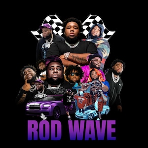 May include: A black graphic design featuring multiple images of Rod Wave, a purple car, and the text "ROD WAVE" in purple. The background includes checkered flags.