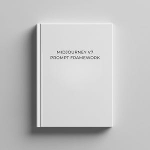 Könnte beinhalten: Ein weißes Buch mit dem Titel "MIDJOURNEY V7 PROMPT FRAMEWORK" in schwarzem Text. Das Buch ist vor einem hellgrauen Hintergrund platziert, wobei der Buchrücken sichtbar ist. Das Cover ist sauber und minimalistisch.