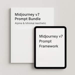 May include: A white book titled "Midjourney v7 Prompt Bundle" with "Alpine & Minimal Aesthetic" text. A black tablet displays "Midjourney v7 Prompt Framework" text. Both items are on a light background.