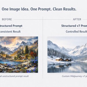 Könnte beinhalten: Ein geteiltes Bild, das "VORHER"- und "NACHHER"-Ergebnisse zeigt. Der "VORHER"-Abschnitt zeigt eine Landschaft mit Bergen, Wasser und einer Hütte, beschriftet mit "Unstructured Prompt" und "Inconsistent Result". Der "NACHHER"-Abschnitt zeigt eine ähnliche Landschaft, beschriftet mit "Structured v7 Prompt" und "Controlled Result".