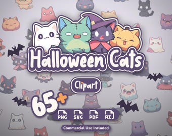 May include: A digital graphic featuring a pattern of cartoon cats and bats with the text Halloween Cats, Clipart, 65+, PNG, SVG, PDF, AI, and Commercial Use Included. The central illustration shows four stylized cats in white, teal, purple, and orange.