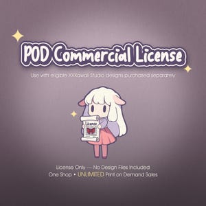 May include: A cartoon sheep character holding a scroll with the word "License". The image features the text "POD Commercial License" in a purple and white design. The image has a purple and pink color scheme with star accents. The text at the bottom states "License Only - No Design Files Included".