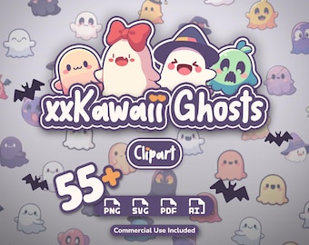 May include: A digital graphic featuring the text xxKawaii Ghosts, Clipart, 55+, PNG, SVG, PDF, AI, and Commercial Use Included. The design displays four cartoon ghosts with various expressions, including one with a red bow and one with a witch hat.