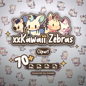 Peut inclure: Graphique numérique avec des zèbres de dessins animés, le texte "xxKawaii Zebras" et "Clipart". L'image comprend le nombre "70+" et des icônes de type de fichier : PNG, SVG, PDF et AI. La phrase "Commercial Use Included" est également présente. Les zèbres sont dans diverses poses.