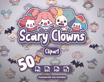 May include: A digital graphic set featuring the text Scary Clowns and Clipart with 50+ icons. The design includes four illustrated clown characters with colorful hair and outfits, surrounded by small bat silhouettes on a light gray background.