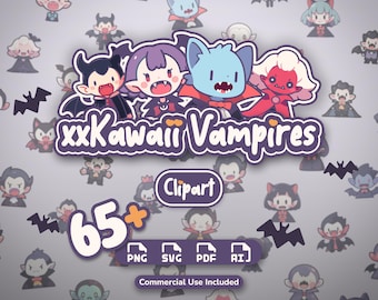 May include: A digital graphic set featuring the text xxKawaii Vampires, Clipart, and 65+. The design includes four cartoon vampire characters with fangs, surrounded by a repeating pattern of small vampire icons and bats on a light background.