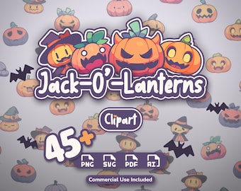 May include: A digital graphic set featuring orange jack-o'-lanterns with various expressions, the text "Jack-O'-Lanterns", "Clipart", "45+", "PNG", "SVG", "PDF", "AI", and "Commercial Use Included" against a light background with small pumpkin icons.