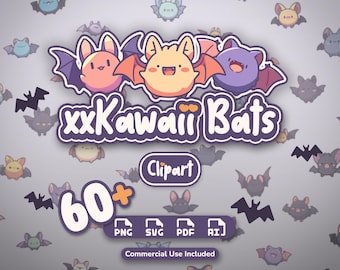 May include: A digital graphic set titled xxKawaii Bats featuring three cartoon bats in pink, yellow, and purple. The image includes the text Clipart, 60+, PNG, SVG, PDF, AI, and Commercial Use Included, set against a repeating pattern of small bats.