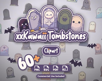 May include: A digital graphic set titled xxKawaii Tombstones featuring over 60 illustrations of cartoon tombstones with various facial expressions and skull motifs. The image includes text labels for PNG, SVG, PDF, and AI file formats.