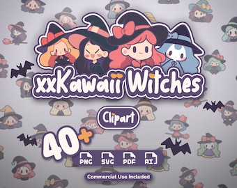 May include: A digital graphic featuring four cartoon characters wearing witch hats, with the text xxKawaii Witches, Clipart, 40+, PNG, SVG, PDF, AI, and Commercial Use Included. The background is a repeating pattern of small witch illustrations.