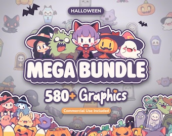 May include: A digital graphic collection titled HALLOWEEN MEGA BUNDLE 580+ Graphics, featuring a collage of cartoon characters including vampires, pumpkins, ghosts, and bats in a vibrant, colorful style with a light purple background.